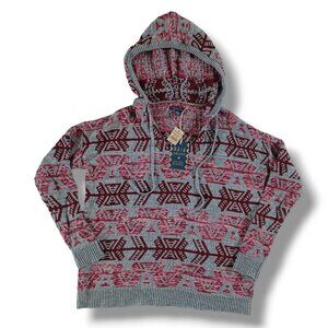 AEO American Eagle Baja Sweater Hoodie Relaxed Fit Gray Red Aztec Size XS